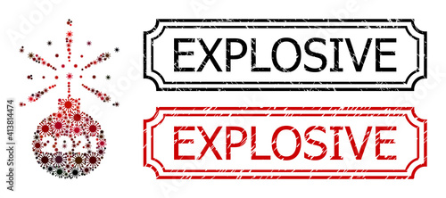 Mosaic 2021 fireworks detonator composed of covid-2019 items, and grunge Explosive rectangle seals with notches.