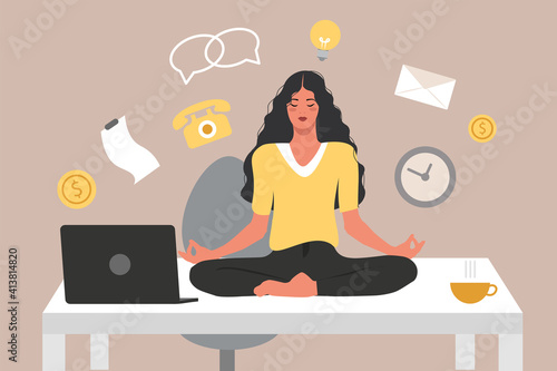 Girl meditating in the workplace  flat illustration