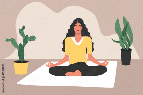 Girl meditating in a room, flat illustration