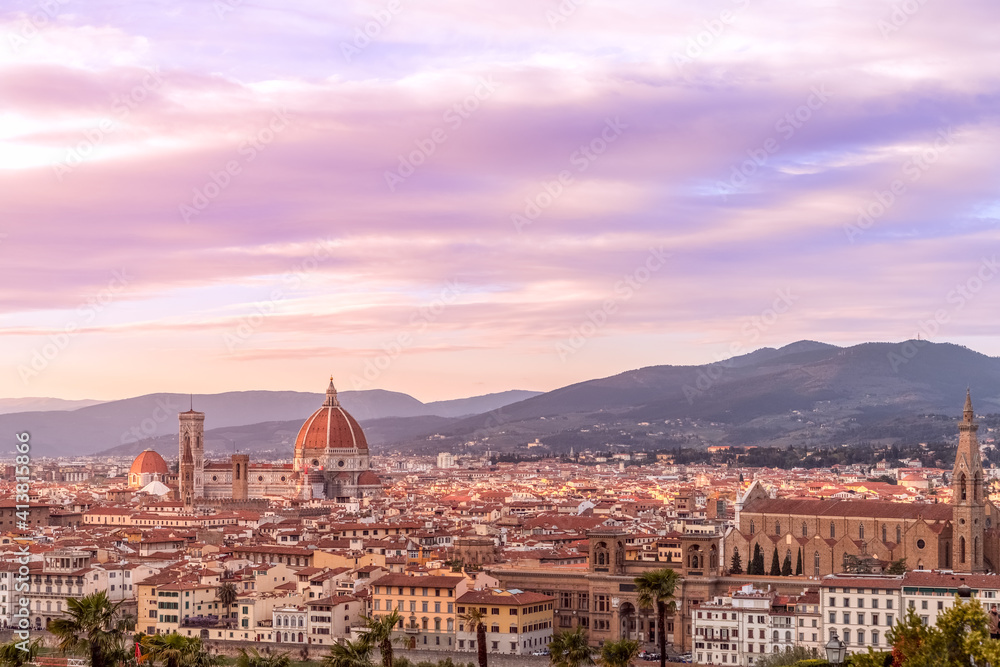 Stunning sunset over Florence's historic center and famous cathedral (Duomo Santa Maria Del Fiore) Tuscany, Italy