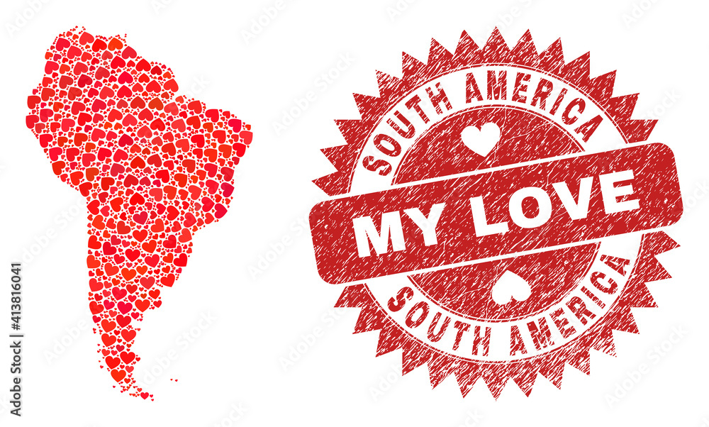 Vector collage South America map of valentine heart items and grunge My Love stamp. Collage geographic South America map created using love hearts. Vector collage South America map of valentine heart items and grunge My Love stamp. Collage geographic South America map created using love hearts.