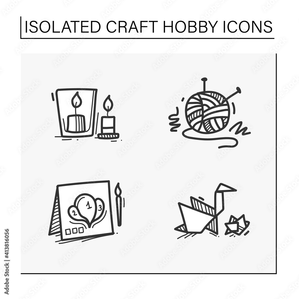 Plakat Craft hobby set hand drawn icons. Handmade and homemade concept. Consist of origami, knitting, handmade candles, Isolated sketch vector illustrations