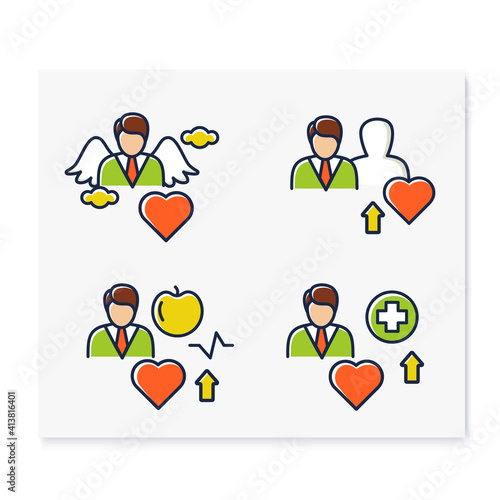 Personal growth color icons set. Consists of self knowledge, enhancing lifestyle, social relation, identifying potential. Isolated vector illustrations 