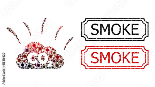 Mosaic CO2 smoke emission constructed from flu virus elements, and grunge Smoke rectangle seal stamps with notches.