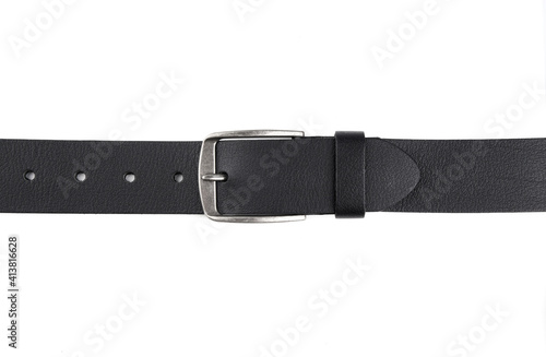 Fastened fashionable men's leather belt with dark matted metal buckle isolated on white background. Black belt for men. Black leather belt for trousers and jeans. Male accessory.