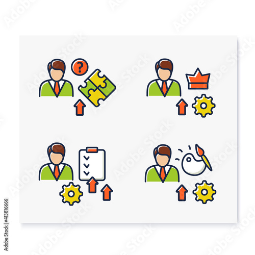Personal growth color icons set. Consists of self knowledge, enhancing lifestyle, social relation, identifying potential. Isolated vector illustrations 