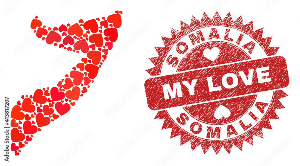 Vector mosaic Somalia map of love heart items and grunge My Love stamp. Mosaic geographic Somalia map created with lovely hearts. Red rosette stamp with distress rubber texture and my love word. Vector mosaic Somalia map of love heart items and grunge My Love stamp. Mosaic geographic Somalia map created with lovely hearts. Red rosette stamp with distress rubber texture and my love word.