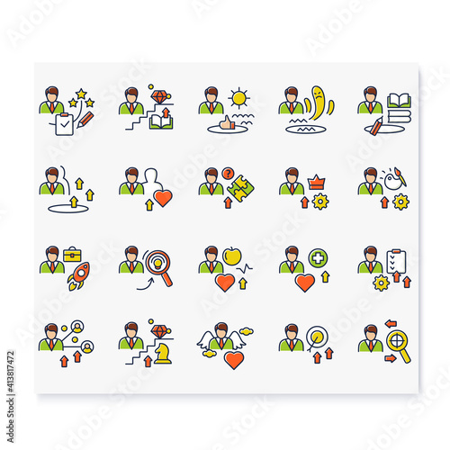 Personal growth color icons set. Consists of self knowledge, enhancing lifestyle, social relation, identifying potential. Isolated vector illustrations 