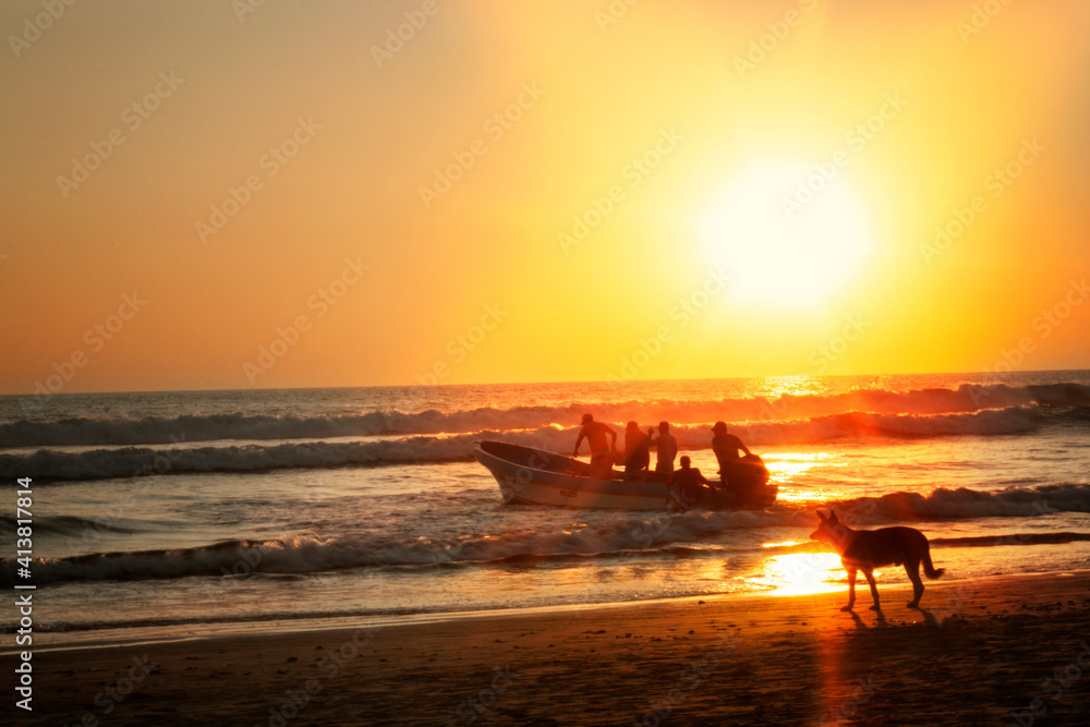 People sailing boat at shore during sunset People sailing boat at shore during sunset