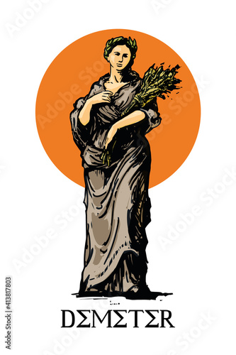 Demeter - the goddess of the harvest and agriculture in ancient Greek religion, vector illustration, white background