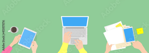 Hands using laptops, hands using tablets, shared table, desktop, vector illustration, graphic, landscape, copy space, green background, web header,