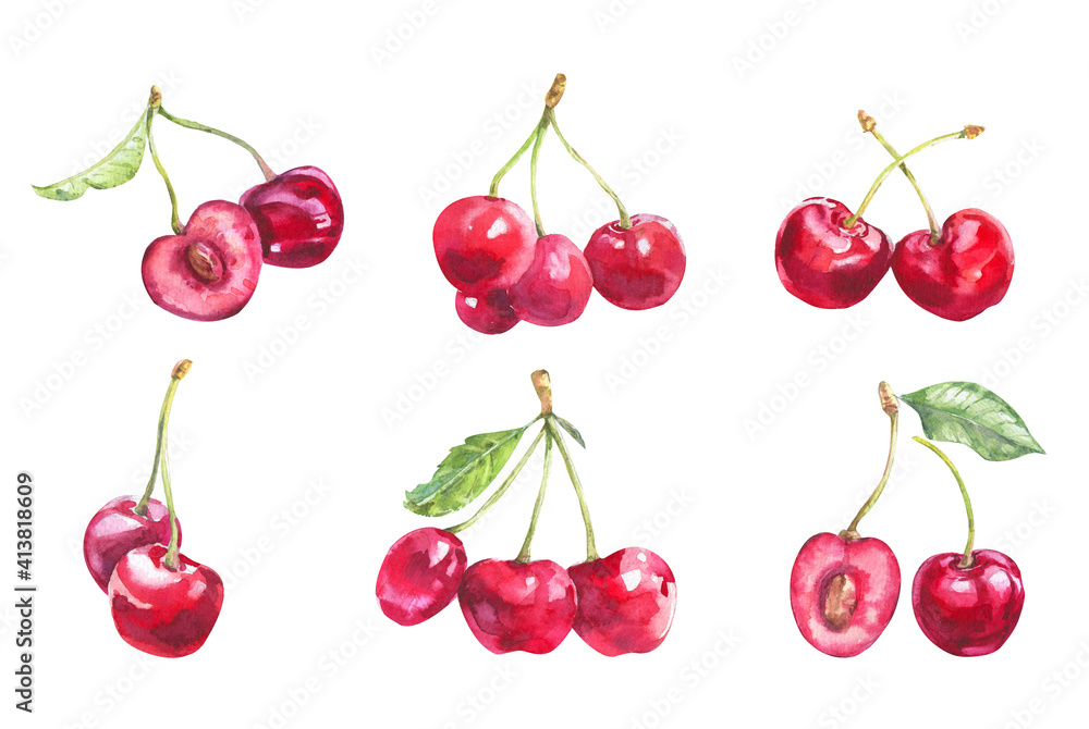 Watercolor cherry illustration. Hand drawn cherries set. Fresh sweet and tasty cherries. Watercolor botanical painting. Watercolor cherry illustration. Hand drawn cherries set. Fresh sweet and tasty cherries. Watercolor botanical painting.