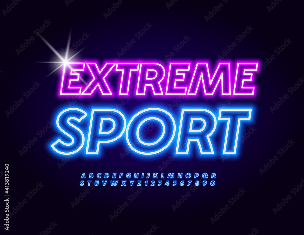 Vector neon sign Extreme Sport. Glowing blue Font. Electric light Alphabet Letters and Numbers set