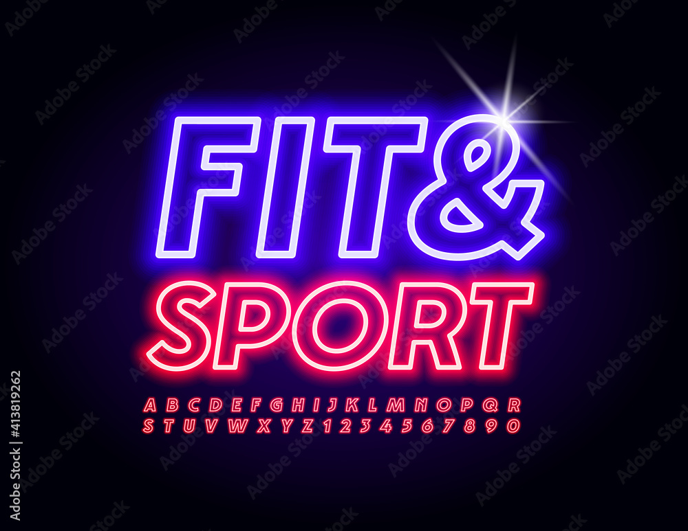 Vector glowing Emblem Fit and Sport. Electric light Font. Artistic Neon Alphabet Letters and Numbers.