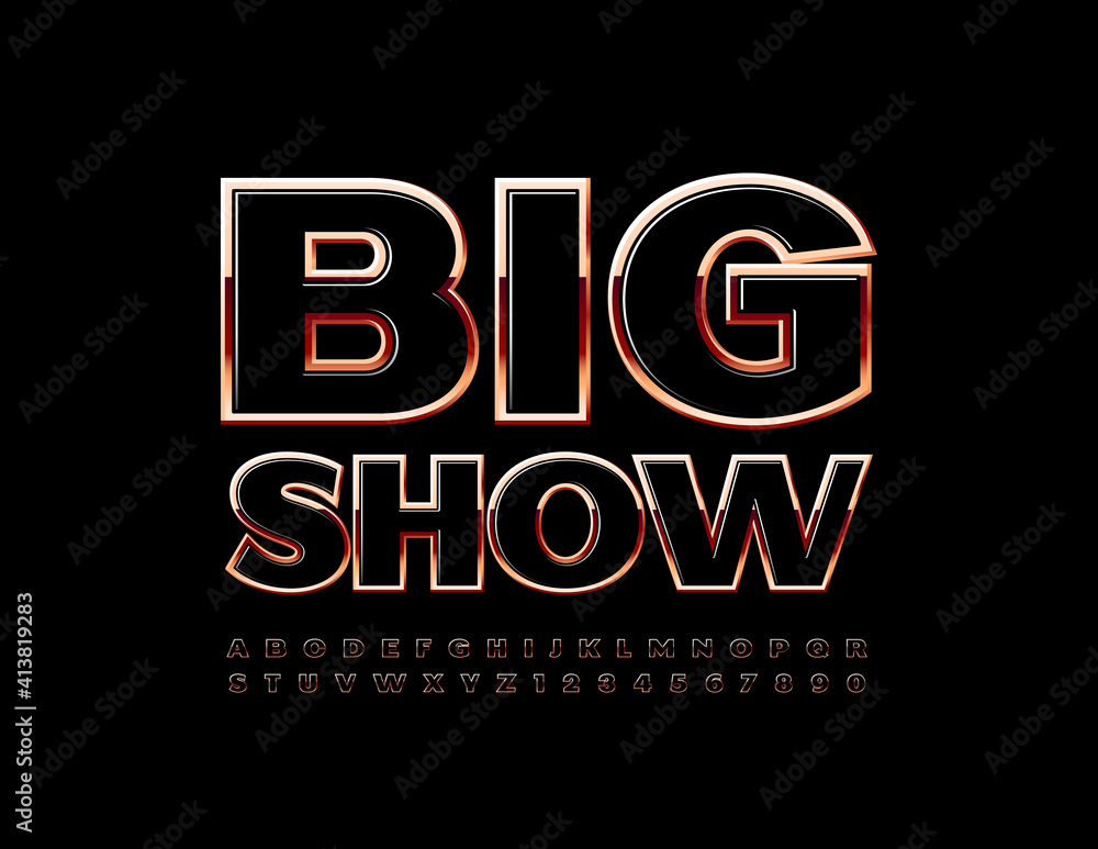 Fototapeta premium Vector luxury Emblem Big Show. Black and Gold Font. Chic glossy Alphabet Letters and Numbers.