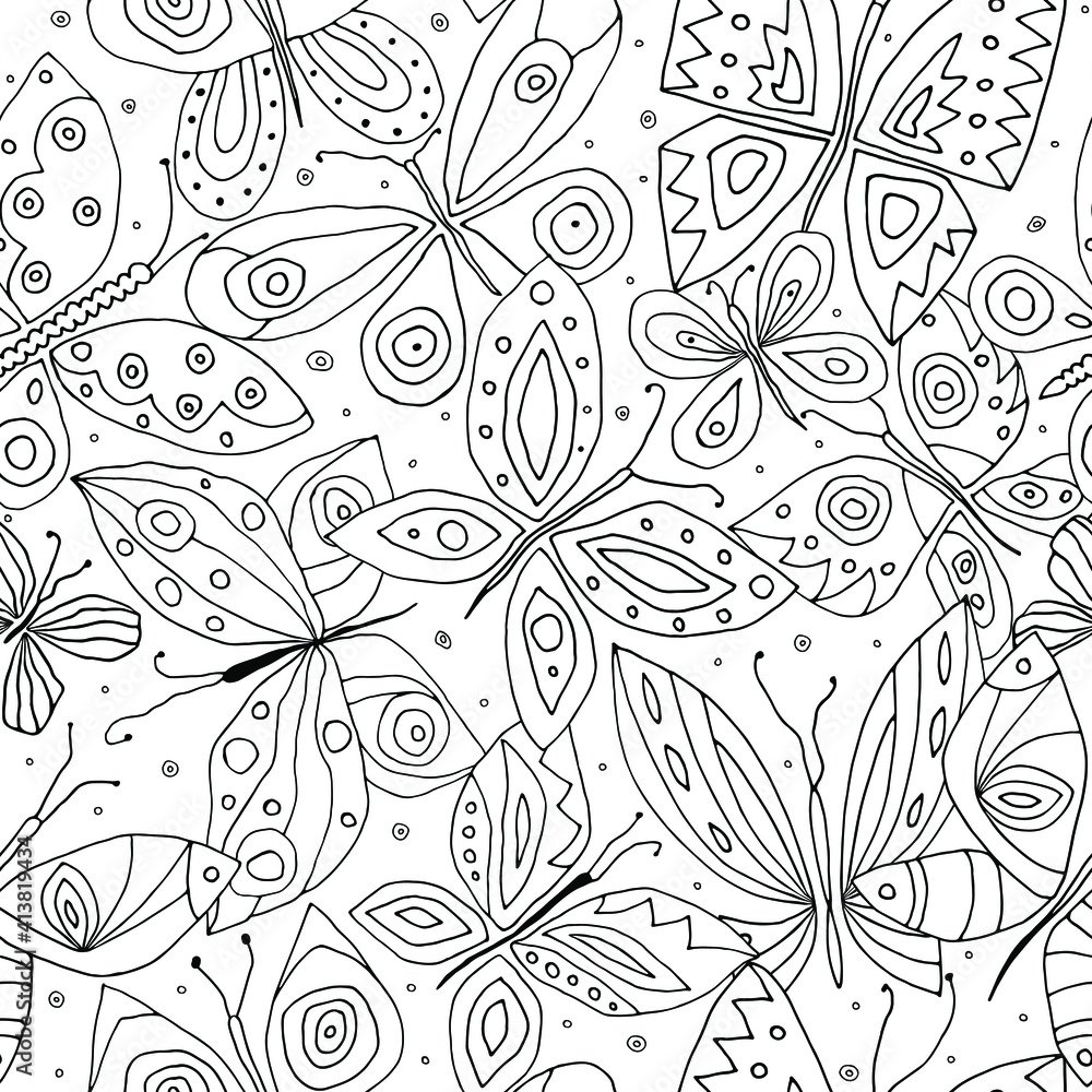 Different cartoon graphic butterflies. Seamless pattern. Coloring book for kids. Outline.