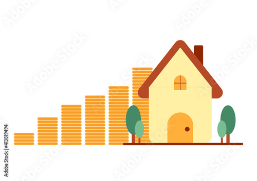 Save and investment concept for home. Golden coins stack with house isolated on white background. Business success and financial growth in the future.