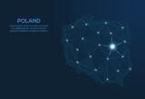 Poland communication network map. Vector low poly image of a global map with lights in the form of cities. Map in the form of a constellation, mute and stars