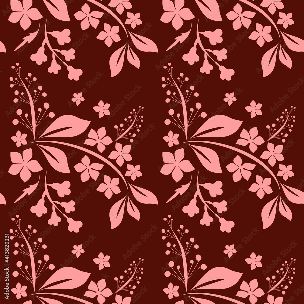 Floral seamless background. Pink branches with flowers on a cherry background.