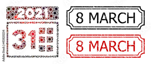 Mosaic 2021 last day constructed from SARS virus elements, and grunge 8 March rectangle stamps with notches.