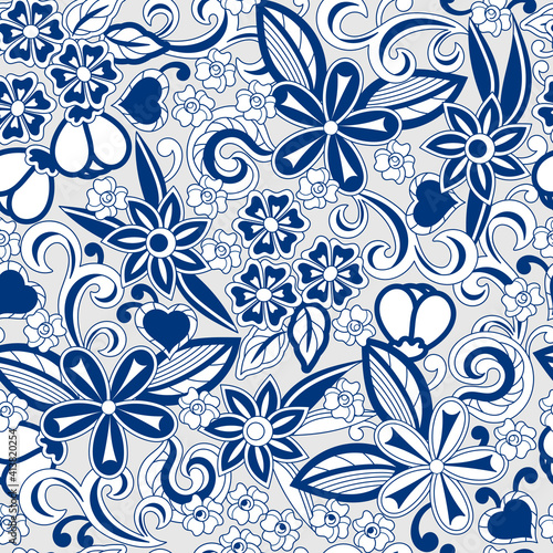 Floral seamless pattern. Sketchy compositions with spring doodles objects. Hand drawn illustrations.