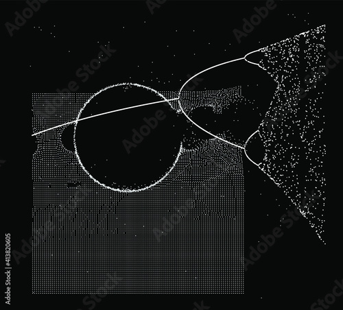 Composition of the grid made of dots and Bifurcation diagram, one of the chaotic attractors and fractal system. Scientific generative art.