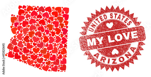 Vector collage Arizona State map of valentine heart items and grunge My Love stamp. Collage geographic Arizona State map designed with valentine hearts.