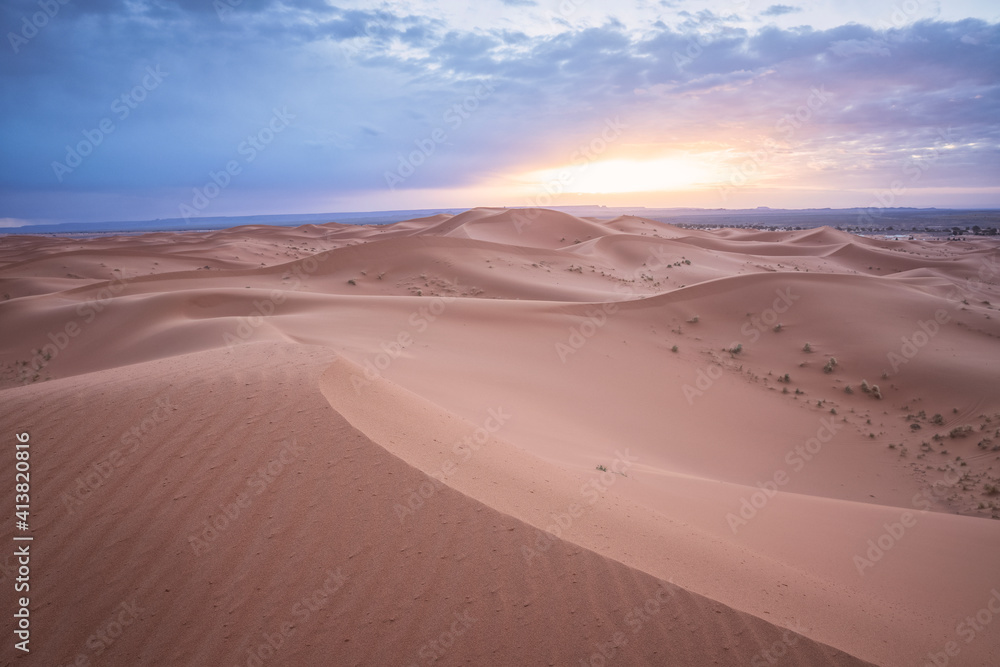 Sunrise at Sahara Desert with dunes Sunrise at Sahara Desert with dunes
