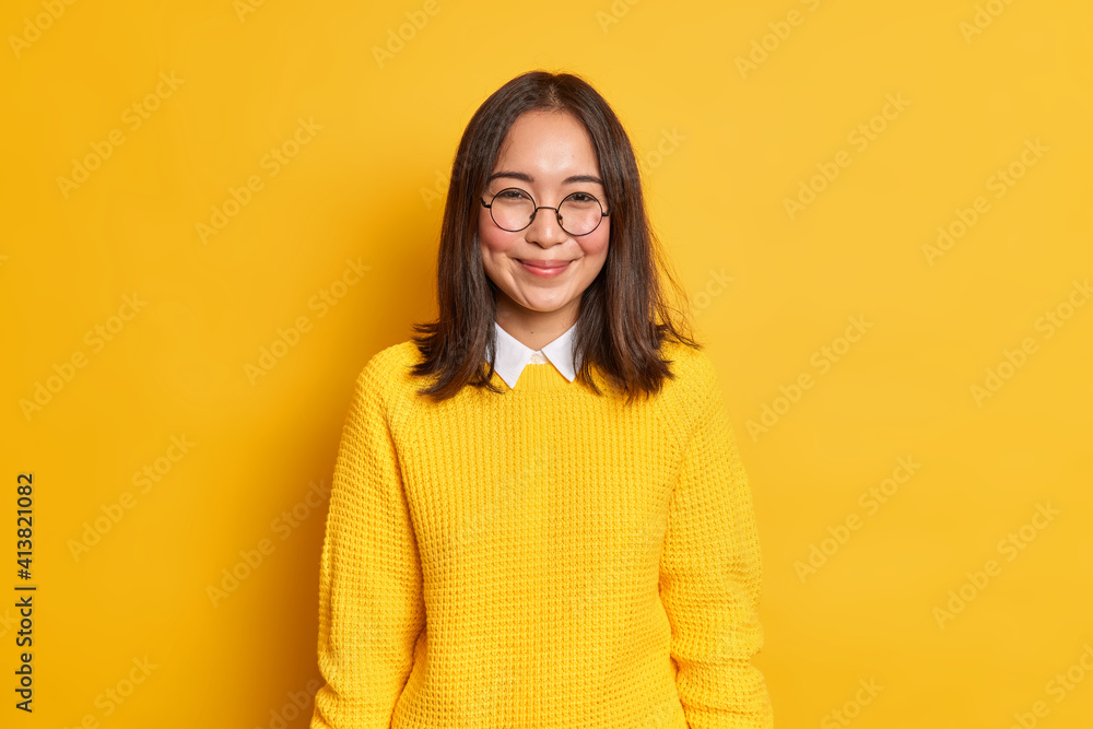 Good looking Asian schoolgirl happy to receive praise smiles gently has dimples on cheeks feels delighted dressed in casual knitted sweater isolated over yellow background. Emotions concept. Good looking Asian schoolgirl happy to receive praise smiles gently has dimples on cheeks feels delighted dressed in casual knitted sweater isolated over yellow background. Emotions concept.