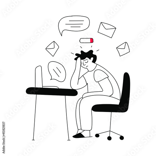 Man sitting at the desk and feel very tired. Vector outline illustration about burnout. 