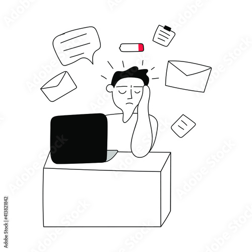 Man feel stress and overloaded at work. Burnout concept. Vector outline illustration. 