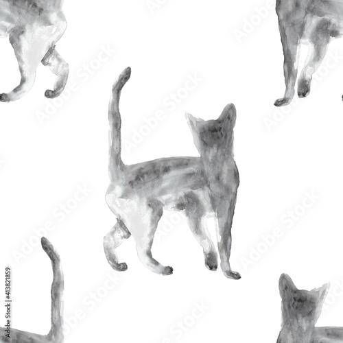 Cat watercolor seamless pattern. Hand-painted animal background. Abstract pet wallpaper texture. Vector endless illustration.