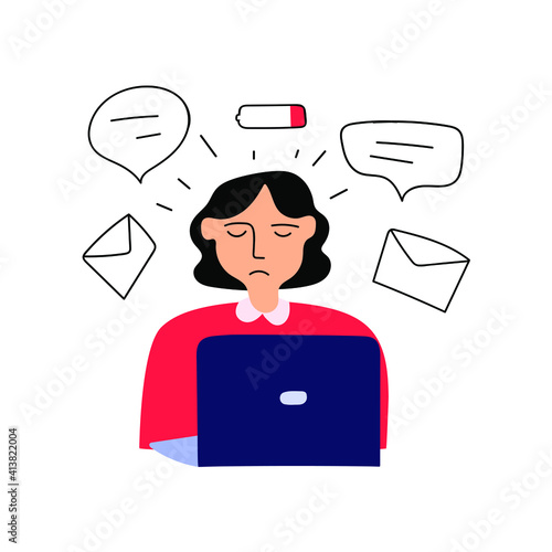 Woman overloaded at work and has low energy. Hand drawn vector illustration. 