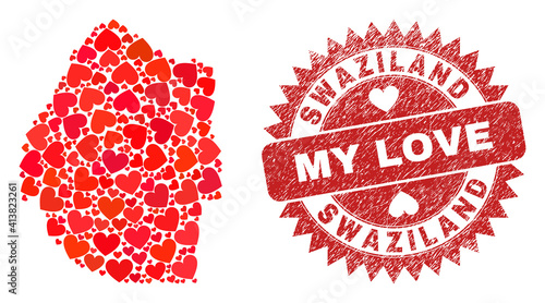 Vector collage Swaziland map of love heart elements and grunge My Love badge. Collage geographic Swaziland map created using love hearts.