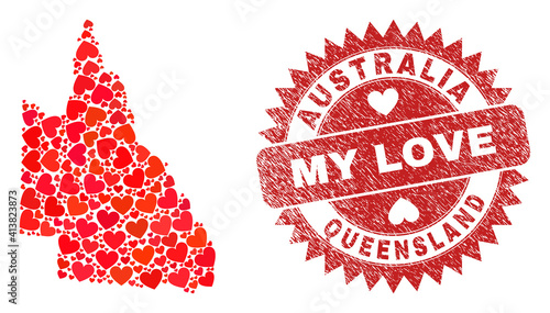 Vector collage Australian Queensland map of valentine heart items and grunge My Love badge. Collage geographic Australian Queensland map designed with valentine hearts.