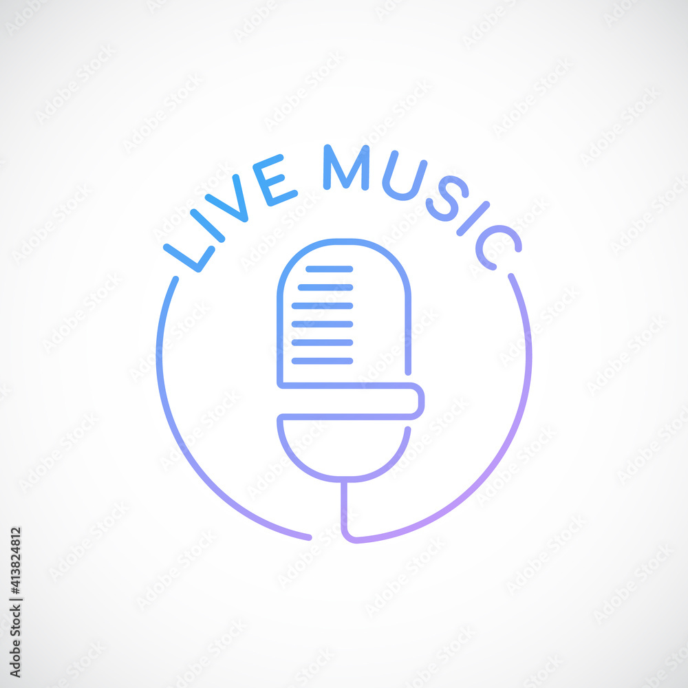 Retro microphone and text Live music isolated on white background. Line emblem for music show. Stock vector illustration. Retro microphone and text Live music isolated on white background. Line emblem for music show. Stock vector illustration.