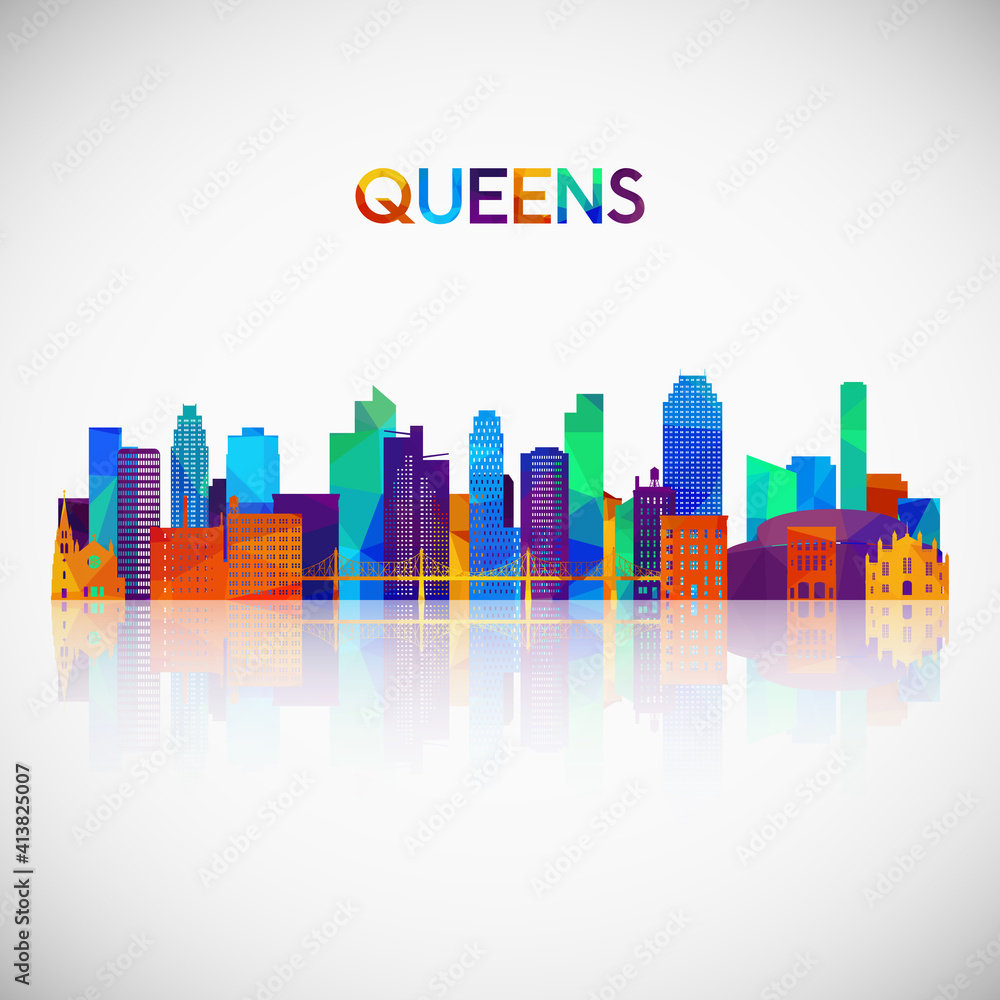 Queens skyline silhouette in colorful geometric style. Symbol for your design. Vector illustration.