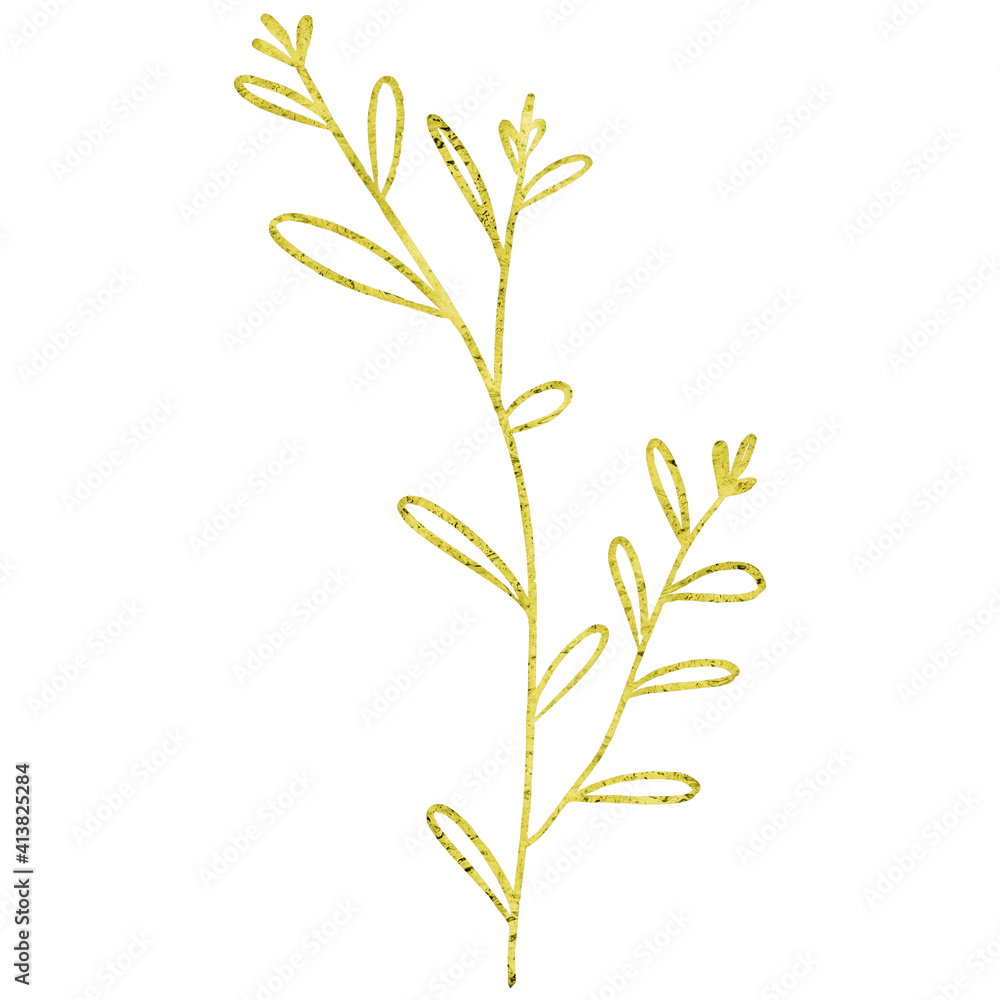 Forked fluffy branch with leaves golden line art Forked fluffy branch with leaves golden line art