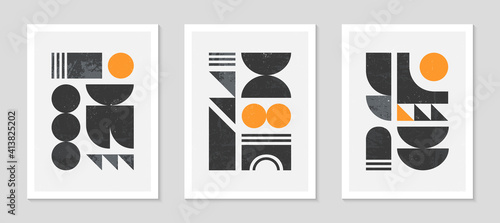 Set of abstract bauhaus geometric pattern backgrounds.Trendy minimalist geometric design with simple shapes and elements.Mid century modern artistic vector illustration.Futuristic wall art decor.