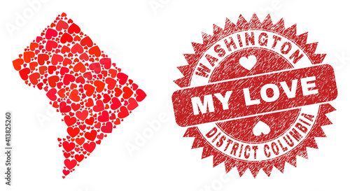 Vector collage Washington District Columbia map of valentine heart items and grunge My Love badge. Collage geographic Washington District Columbia map created using valentine hearts.