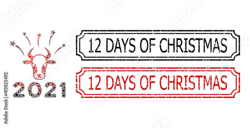 Mosaic 2021 bull fireworks designed from covid-2019 items, and grunge 12 Days of Christmas rectangle seals with notches.
