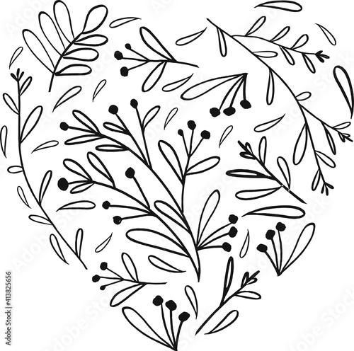 Foliage and Fruits Heart Vector line art. For postcard, invitation, holiday. Line art icon on white backdrop. Vector illustration art