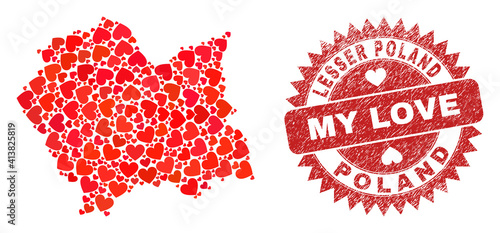 Vector mosaic Lesser Poland Voivodeship map of love heart elements and grunge My Love seal stamp. Mosaic geographic Lesser Poland Voivodeship map constructed with love hearts. photo