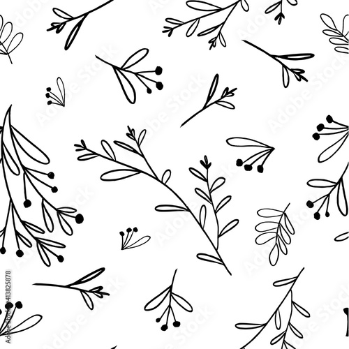 Foliage, Fruits Vector line art Seamless Pattern. Modern illustration for fabric design. Vector art illustration. Black background. Vector art print. Decorative print. Doodle vector illustration. Line