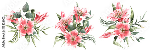 Fototapeta Naklejka Na Ścianę i Meble -  Set of floral arrangement of pink lilies and green leaves. Watercolor illustrations for cards, invitations, stickers, decor, prints, etc