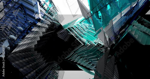Looped visualization. Luxury abstract architectural background. Flying on a black minimalistic interior. Futuristic modern space. Stained glass sculpture. Bright lighting. 3D animation and rendering.