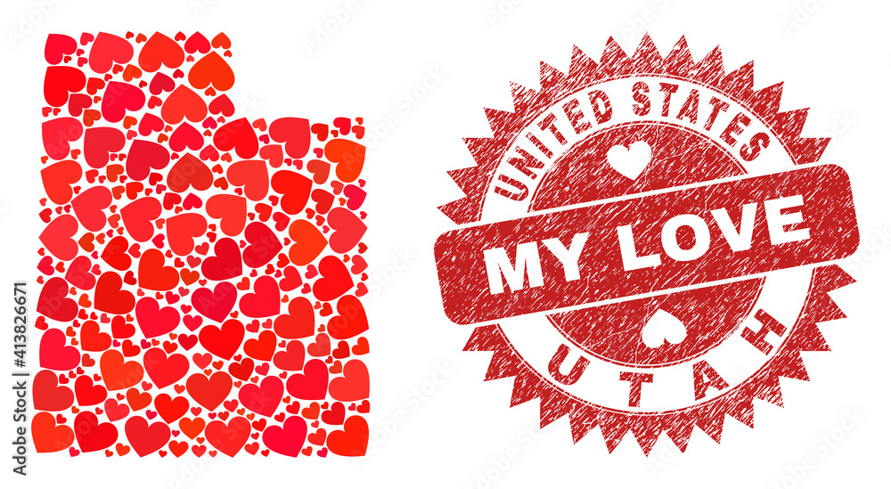 Vector mosaic Utah State map of valentine heart elements and grunge My Love stamp. Mosaic geographic Utah State map created with valentine hearts. Vector mosaic Utah State map of valentine heart elements and grunge My Love stamp. Mosaic geographic Utah State map created with valentine hearts.