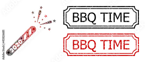 Collage 2020 firecracker designed from covid-2019 items, and grunge BBQ Time rectangle seal stamps with notches.