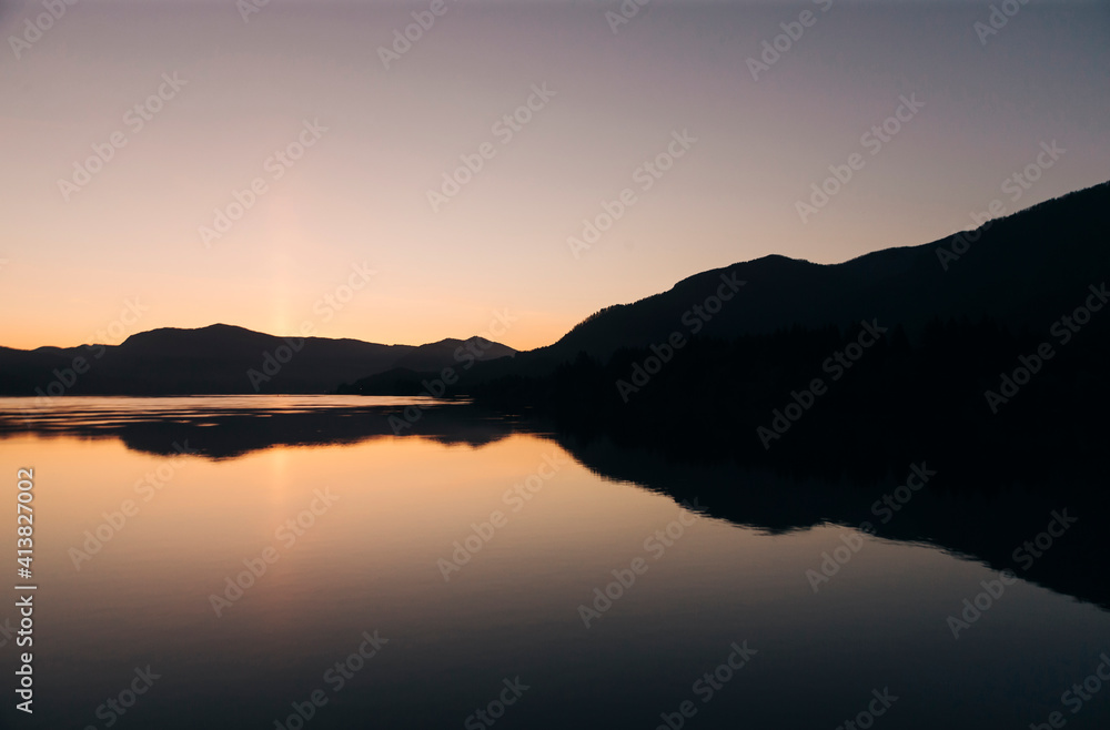 The Columbia River at sunset in the Columbia Gorge. The Columbia River at sunset in the Columbia Gorge.