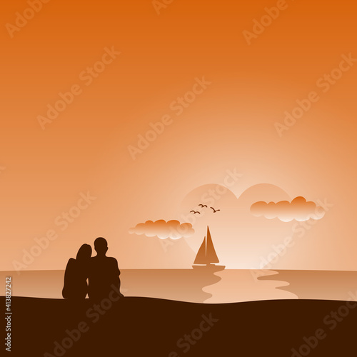 Couple in love watching heart-shape sun together on beach travel summer holidays with orange shade gradient background illustration vector.